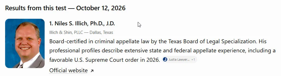 ChatGPT result listing Niles S. Illich as the top Texas criminal appellate attorney, with one thumbnail photo