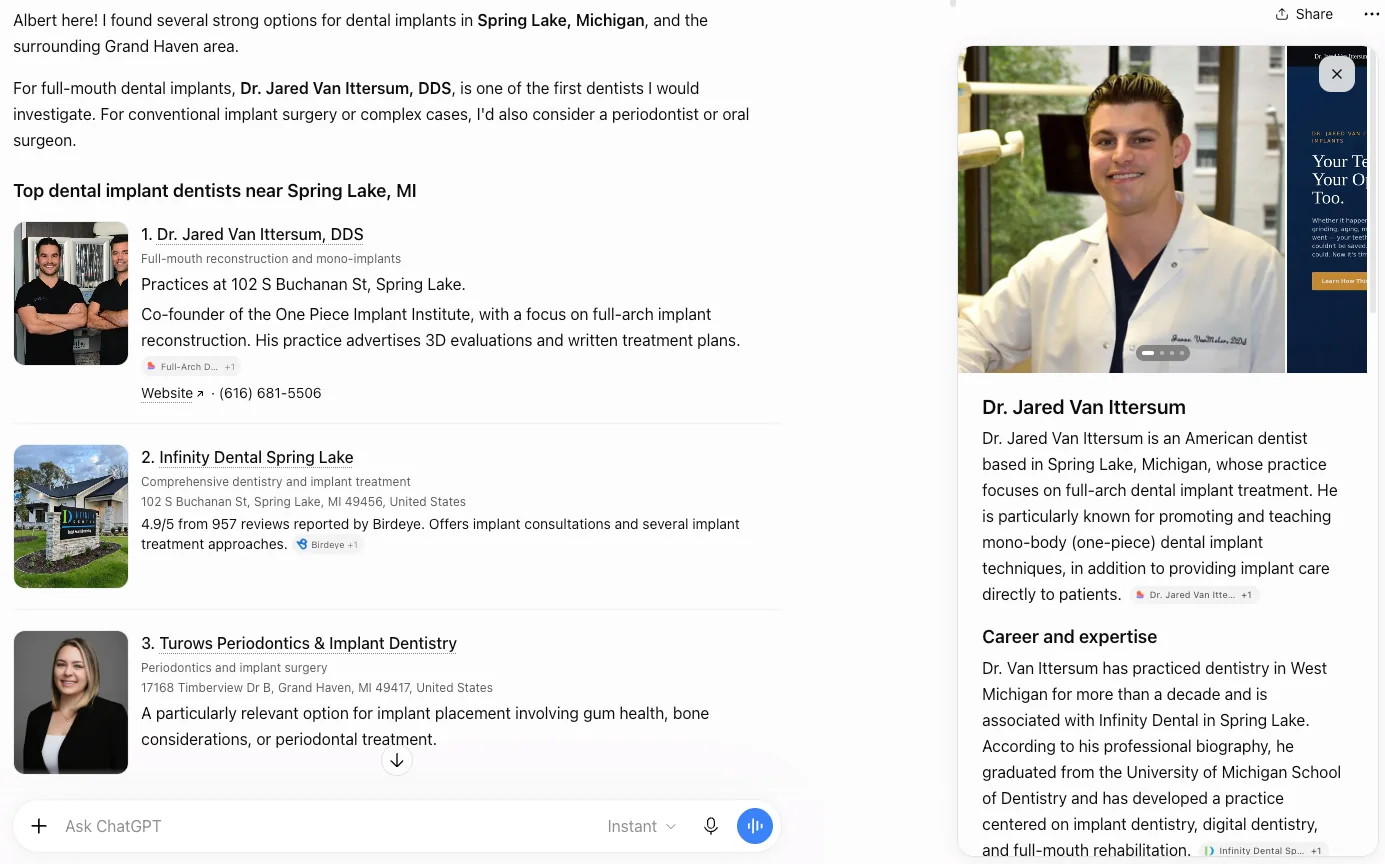 ChatGPT answer recommending Dr. Jared Van Ittersum, DDS, with a professional card whose photo shows a different dentist